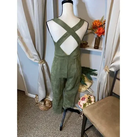 bebe GUC size Large Front Zip Velvet Like Feel Olive Green Jumpsuit - Picture 11 of 12